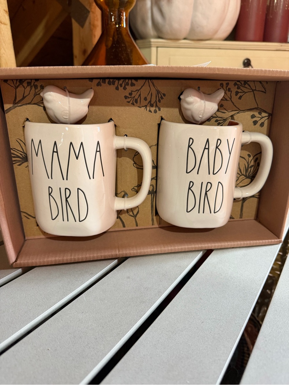 Rae Dunn Magenta Mama Bird & Baby Bird Ceramic Mug Set - Cream